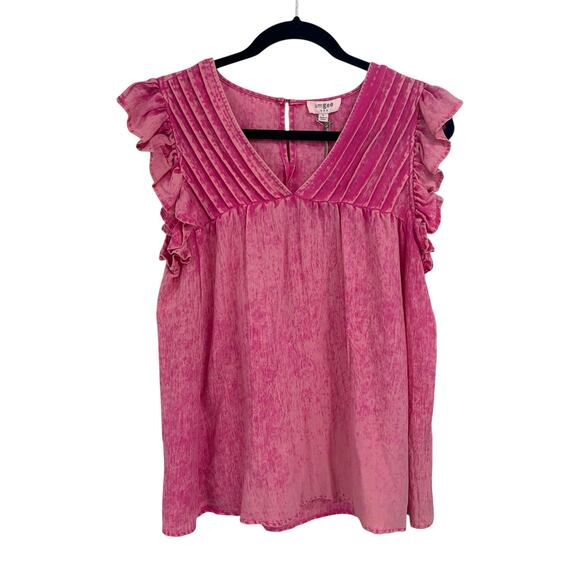 NWT Umgee Pink Acid Wash Ruffle Sleeve Rayon Blend V Neck Top Womens Size Large - Picture 1 of 6